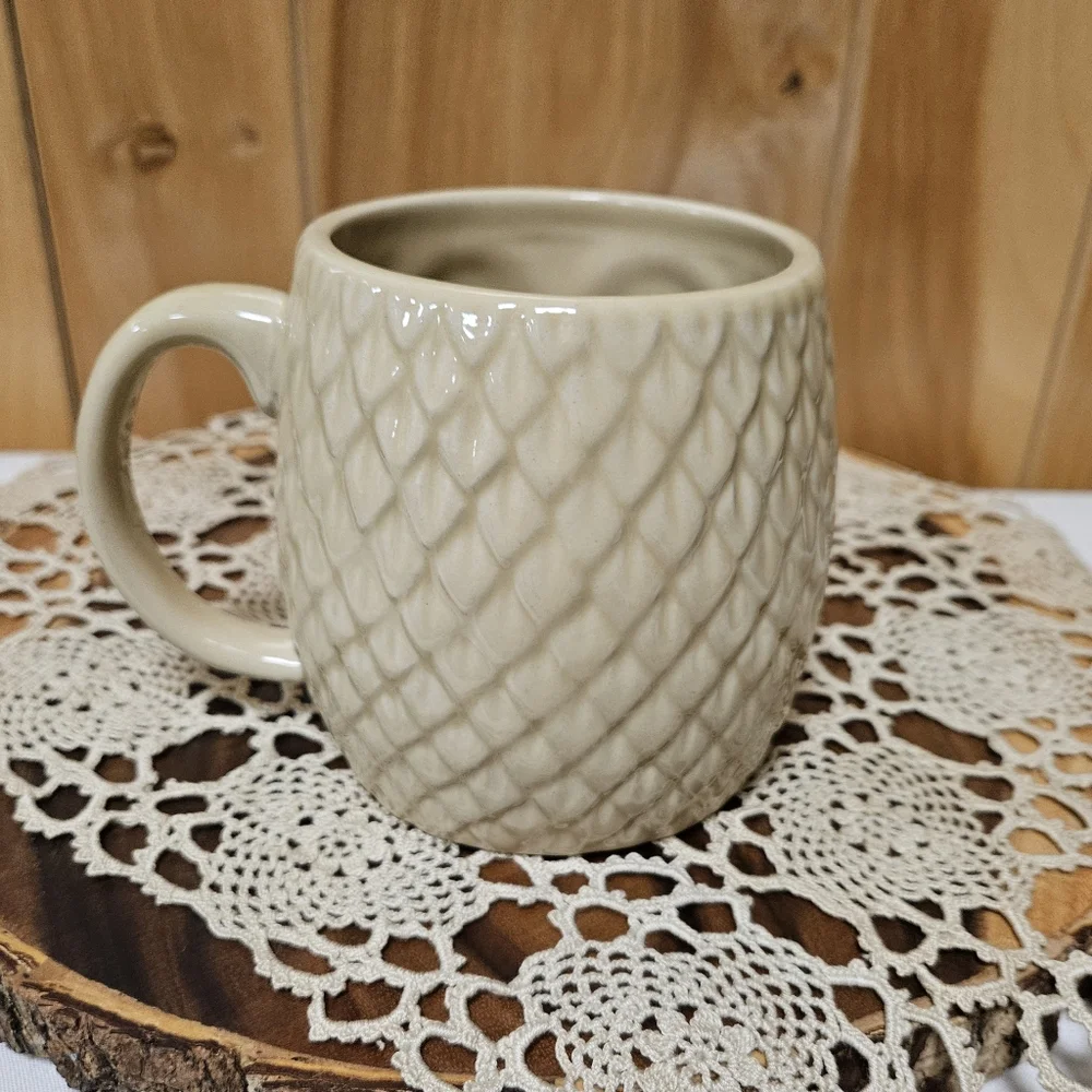 West Elm Tan Cream Owl Coffee Mug Large Embossed Ceramic Boho Farmhouse 16 Ounce